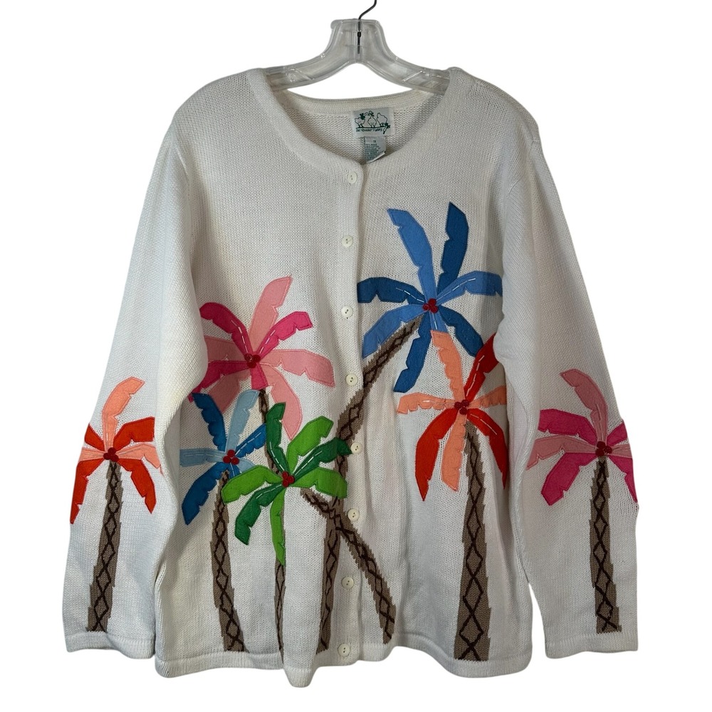 The Quacker Factory White Tropical Palm Tree Cardigan Sweater Womens‎ 1X Ramie